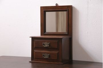 ヴィンテージ家具　ヨーロッパ　マホガニー材　小さなサイズが可愛らしい鏡付きの卓上小物入れ(鏡台、小物収納、小引き出し、ビンテージ)(R-046592)