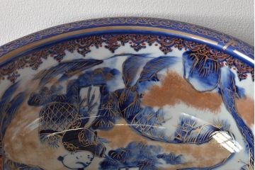 明治期　伊万里焼　上手物　花蝶唐子図染付深鉢(赤絵金彩)(R-046636)