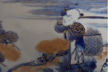 明治期　伊万里焼　上手物　花蝶唐子図染付深鉢(赤絵金彩)(R-046636)