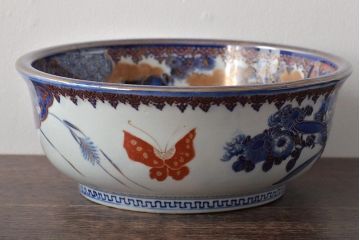 明治期　伊万里焼　上手物　花蝶唐子図染付深鉢(赤絵金彩)(R-046636)