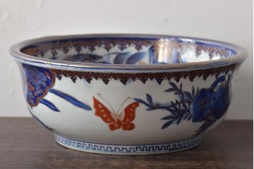 明治期　伊万里焼　上手物　花蝶唐子図染付深鉢(赤絵金彩)(R-046636)