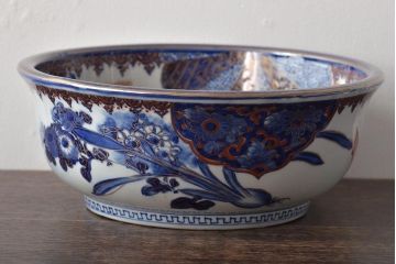 明治期　伊万里焼　上手物　花蝶唐子図染付深鉢(赤絵金彩)(R-046636)