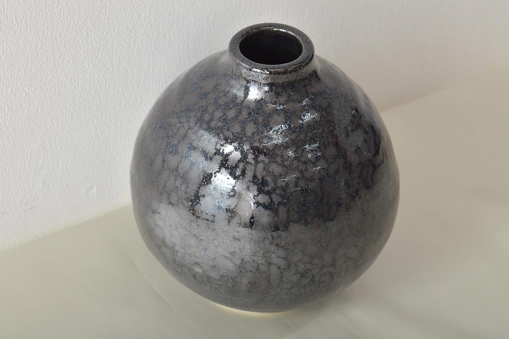 坂田実　天目釉　壷　共箱(花瓶)(R-046639)