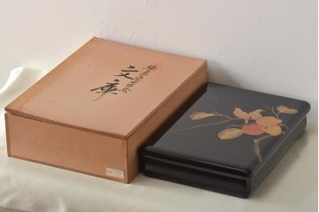 輪島塗　子舟作　柿の図蒔絵文庫(硯箱、文箱、木製漆器)(R-046643)