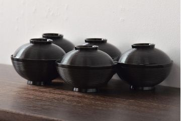初瀬川柳庵　糸目黒塗　切箔絵　木製　吸物椀5客(漆器)(R-046644)