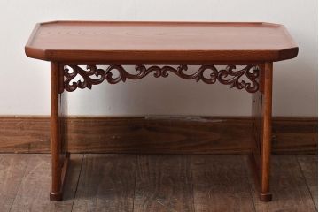 義天工房　総欅　牡丹彫刻　文机　作家物(サイドテーブル、ローテーブル)(R-046653)