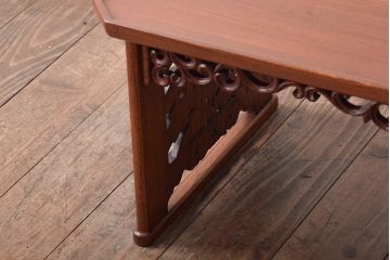 義天工房　総欅　牡丹彫刻　文机　作家物(サイドテーブル、ローテーブル)(R-046653)