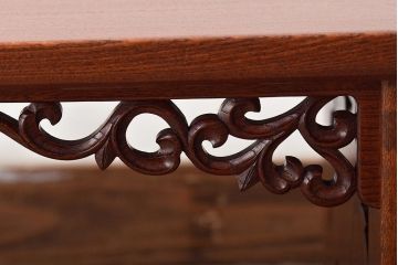 義天工房　総欅　牡丹彫刻　文机　作家物(サイドテーブル、ローテーブル)(R-046653)