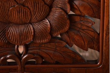 義天工房　総欅　牡丹彫刻　文机　作家物(サイドテーブル、ローテーブル)(R-046653)