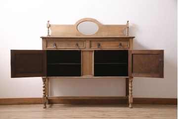 アンティーク家具　イギリスアンティーク　ストリップド(剥離)　オーク材　柔らかな雰囲気のミラーバックサイドボード(収納棚、キャビネット)(R-046662)