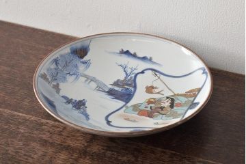 明治期　九谷焼　山水大黒図　金彩　色絵染付　7寸皿(和食器、中皿)(R-046709)