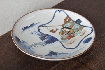 明治期　九谷焼　山水大黒図　金彩　色絵染付　7寸皿(和食器、中皿)(R-046709)