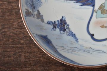 明治期　九谷焼　山水大黒図　金彩　色絵染付　7寸皿(和食器、中皿)(R-046709)