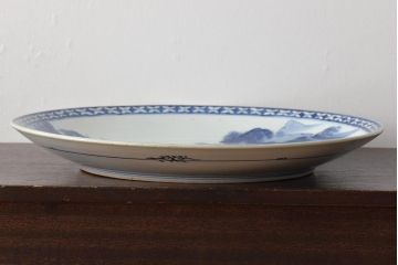 明治〜大正　伊万里焼　山水図　一尺五寸　染付　大皿(和食器)(R-046713)