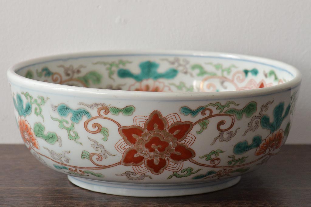 幕末〜明治　伊万里焼　色絵深鉢(深皿、二重高台、和食器)(R-046738)