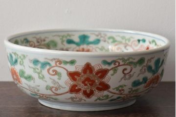 幕末〜明治　伊万里焼　色絵深鉢(深皿、二重高台、和食器)(R-046738)