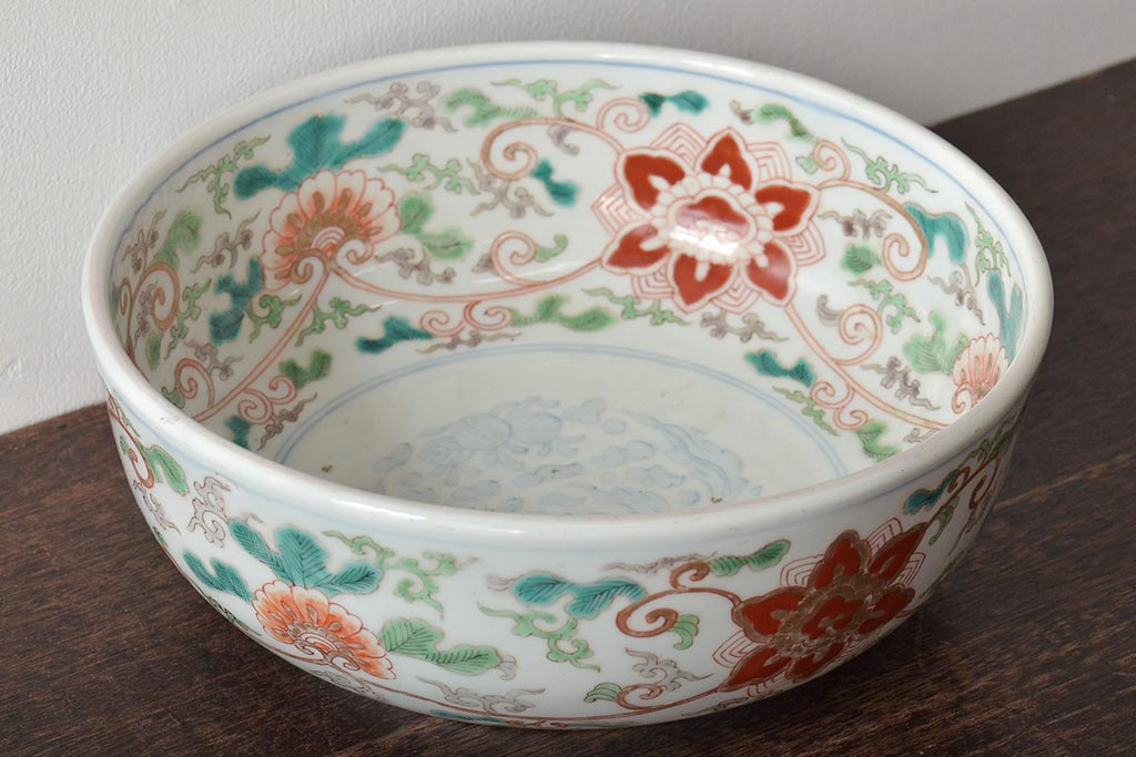 幕末〜明治　伊万里焼　色絵深鉢(深皿、二重高台、和食器)(R-046738)