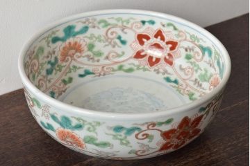 幕末〜明治　伊万里焼　色絵深鉢(深皿、二重高台、和食器)(R-046738)