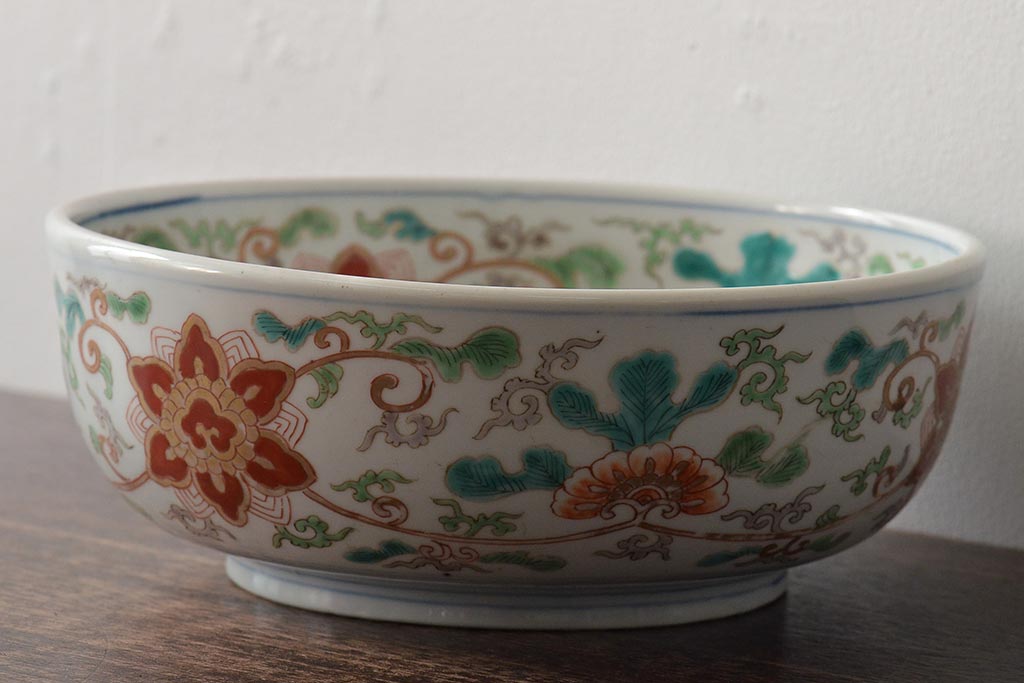 幕末〜明治　伊万里焼　色絵深鉢(深皿、二重高台、和食器)(R-046738)