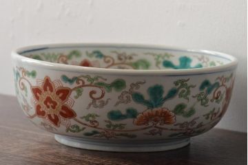 幕末〜明治　伊万里焼　色絵深鉢(深皿、二重高台、和食器)(R-046738)