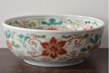 幕末〜明治　伊万里焼　色絵深鉢(深皿、二重高台、和食器)(R-046738)