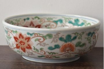 幕末〜明治　伊万里焼　色絵深鉢(深皿、二重高台、和食器)(R-046738)