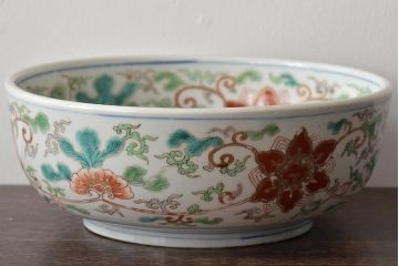 幕末〜明治　伊万里焼　色絵深鉢(深皿、二重高台、和食器)(R-046738)