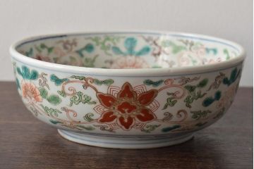 幕末〜明治　伊万里焼　色絵深鉢(深皿、二重高台、和食器)(R-046739)