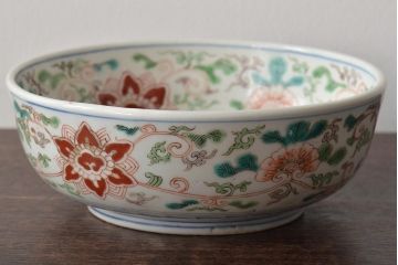 幕末〜明治　伊万里焼　色絵深鉢(深皿、二重高台、和食器)(R-046739)