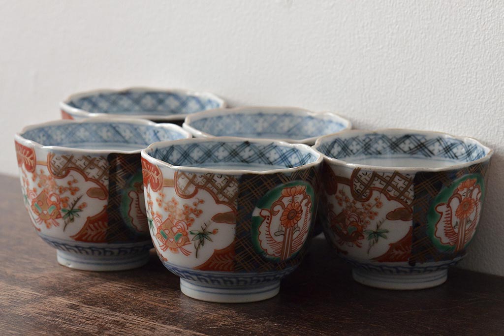 蕎麦猪口 染付印判 明治 大正 木箱 共箱 松竹梅 5客 向付 青 1） 古伊万里 蕎麦猪口 そば猪口 松竹梅 染付 染付け 江戸
