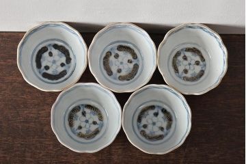 幕末〜明治　伊万里焼　色絵染付　向付(蕎麦猪口)5個(R-046742)