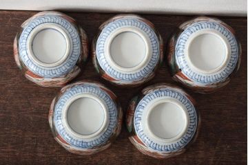 幕末〜明治　伊万里焼　色絵染付　向付(蕎麦猪口)5個(R-046742)