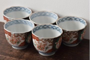 幕末〜明治　伊万里焼　色絵染付　向付(蕎麦猪口)5個(R-046742)
