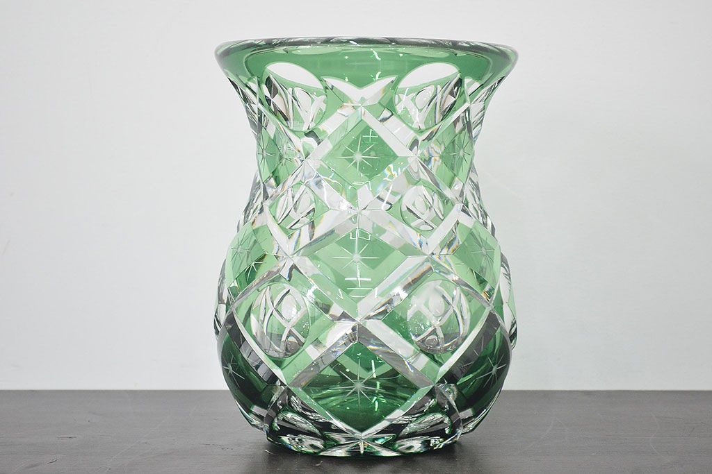 各務満　クリスタル　花瓶(緑切子、カガミクリスタル、花器、フラワーベース)(R-046797)