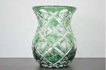 各務満　クリスタル　花瓶(緑切子、カガミクリスタル、花器、フラワーベース)(R-046797)