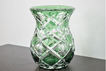 各務満　クリスタル　花瓶(緑切子、カガミクリスタル、花器、フラワーベース)(R-046797)