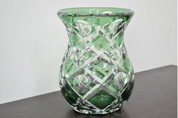 各務満　クリスタル　花瓶(緑切子、カガミクリスタル、花器、フラワーベース)(R-046797)