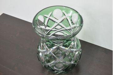 各務満　クリスタル　花瓶(緑切子、カガミクリスタル、花器、フラワーベース)(R-046797)