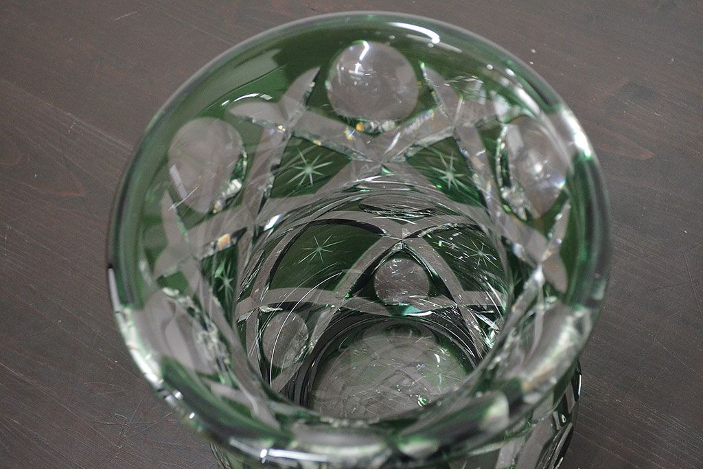 各務満　クリスタル　花瓶(緑切子、カガミクリスタル、花器、フラワーベース)(R-046797)