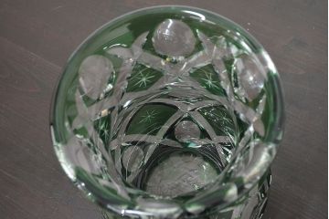 各務満　クリスタル　花瓶(緑切子、カガミクリスタル、花器、フラワーベース)(R-046797)