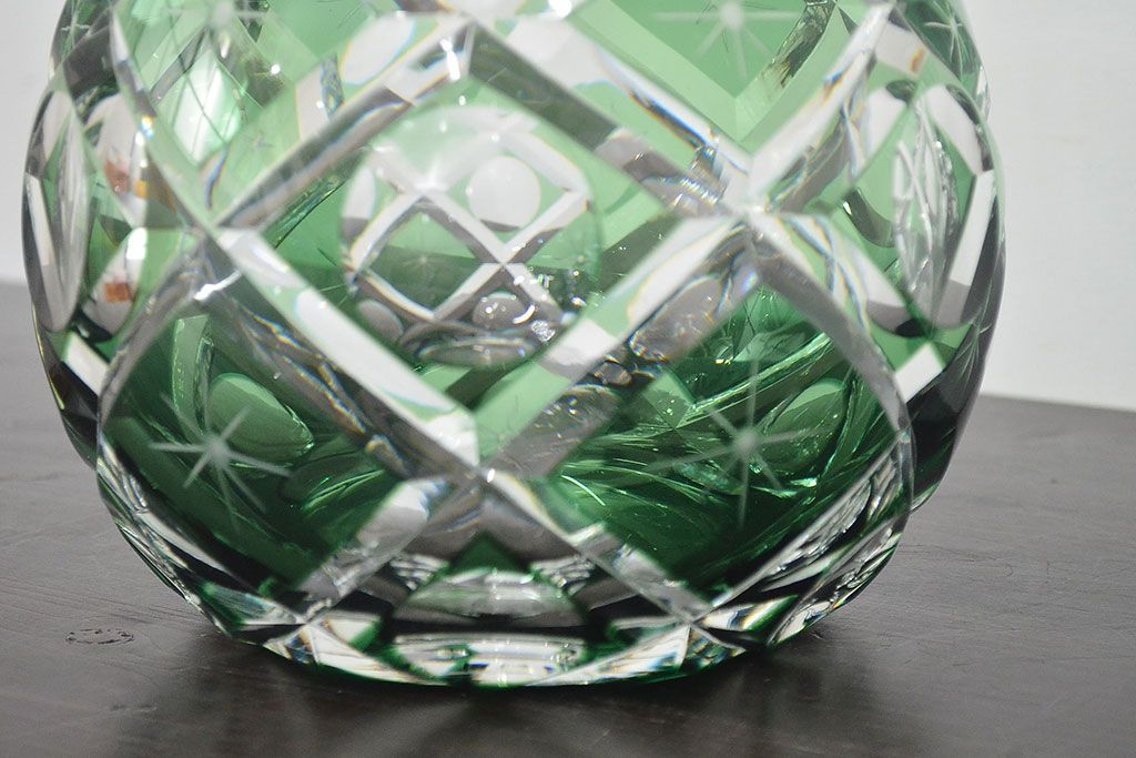 各務満　クリスタル　花瓶(緑切子、カガミクリスタル、花器、フラワーベース)(R-046797)