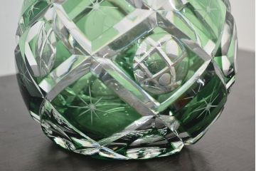 各務満　クリスタル　花瓶(緑切子、カガミクリスタル、花器、フラワーベース)(R-046797)