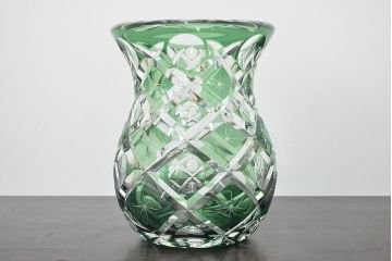 各務満　クリスタル　花瓶(緑切子、カガミクリスタル、花器、フラワーベース)(R-046797)