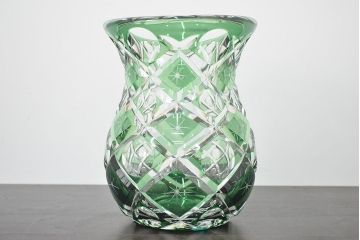 各務満　クリスタル　花瓶(緑切子、カガミクリスタル、花器、フラワーベース)(R-046797)