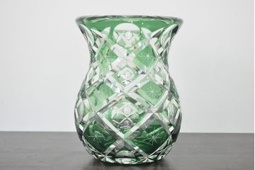各務満　クリスタル　花瓶(緑切子、カガミクリスタル、花器、フラワーベース)(R-046797)