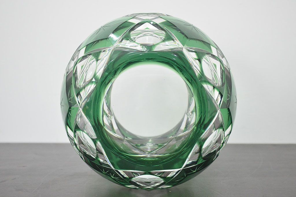 各務満　クリスタル　花瓶(緑切子、カガミクリスタル、花器、フラワーベース)(R-046797)