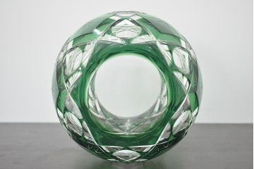 各務満　クリスタル　花瓶(緑切子、カガミクリスタル、花器、フラワーベース)(R-046797)