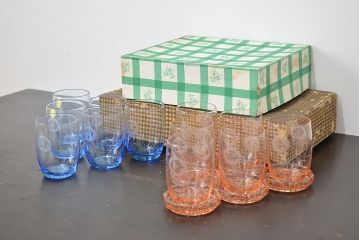 昭和レトロ　花柄　切子グラス12個　コースター6個(ガラスコップ、硝子)(R-046798)