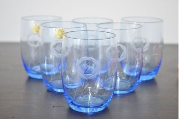 昭和レトロ　花柄　切子グラス12個　コースター6個(ガラスコップ、硝子)(R-046798)