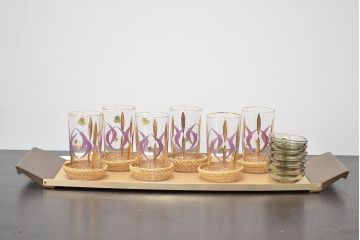 昭和レトロ　佐々木ガラス　グラス・コースター・小皿・お盆セット(HOYA、コップ)(R-046800)
